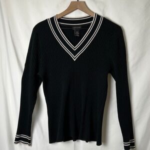 Lane Bryant Womans Ribbed V-Neck Sweater Black White Size 14/16 Preppy Classic